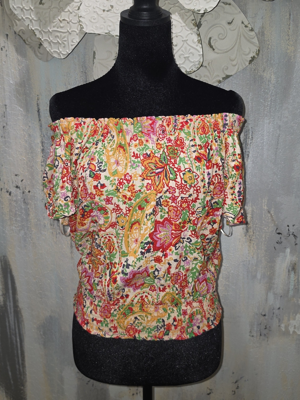 Cynthia Rowley Pink, Red & Green Floral Off-Shoulder Romantic Top